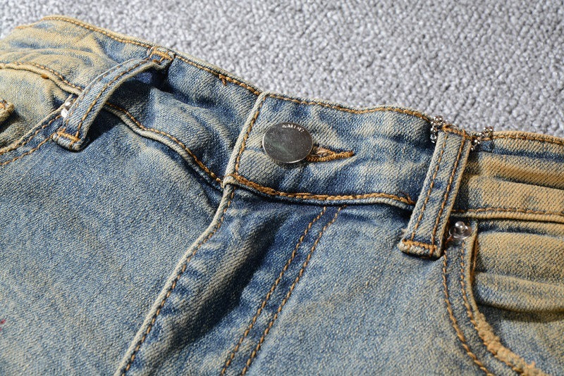 Jeans Men's Feet Pants With Big Holes And Destruction, Old Retro Street Yellow Paint Cowboy - Jeans Junction Online 