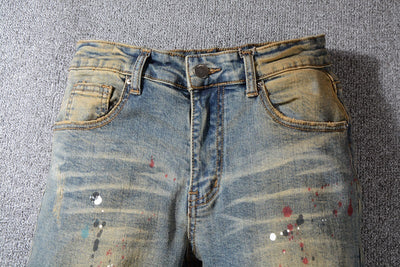 Jeans Men's Feet Pants With Big Holes And Destruction, Old Retro Street Yellow Paint Cowboy - Jeans Junction Online