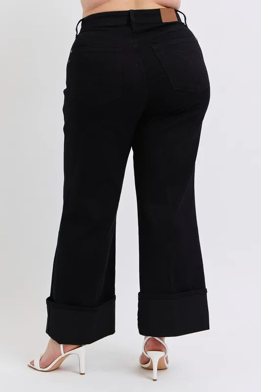Judy Blue Full Size High Waist Reto Wide Leg W/ Cuff Plus Size - Jeans Junction Online