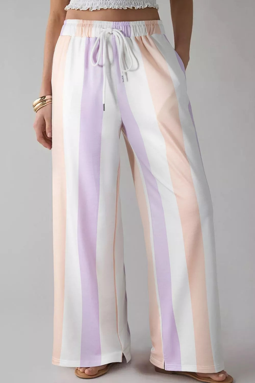 Stripe Multicolored Print Drawstring Loose Pants with Side Pockets - Jeans Junction Online 
