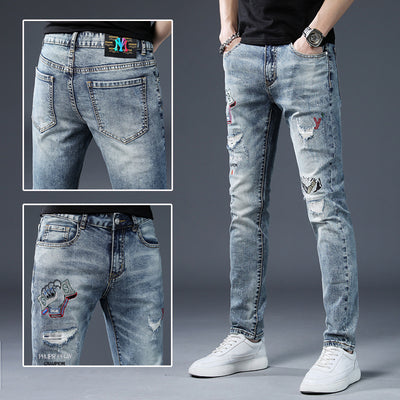 High-End Embroidered Ripped Slim-Fit Jeans - Jeans Junction Online
