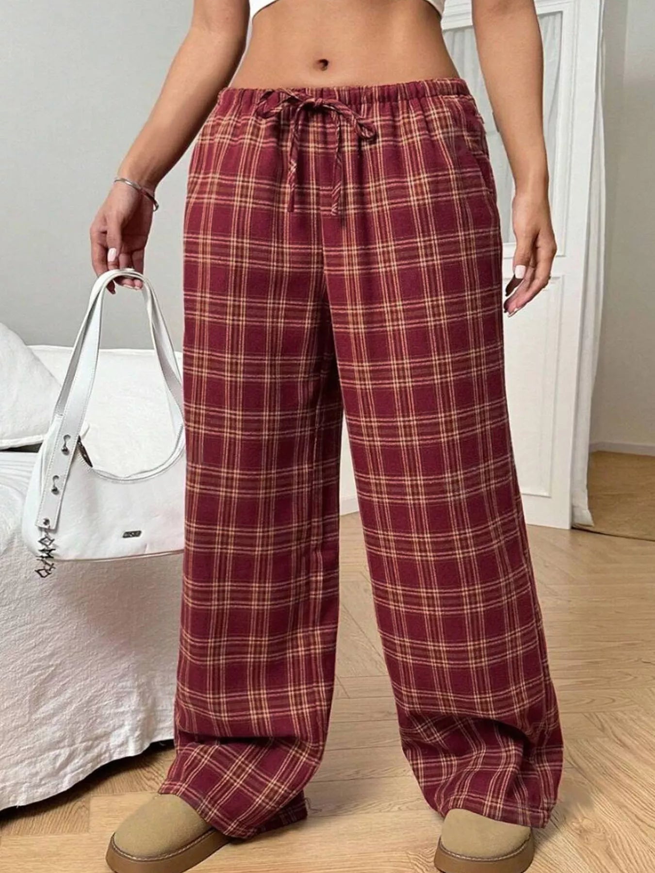 Plaid Drawstring Wide Leg Pants - Jeans Junction Online 