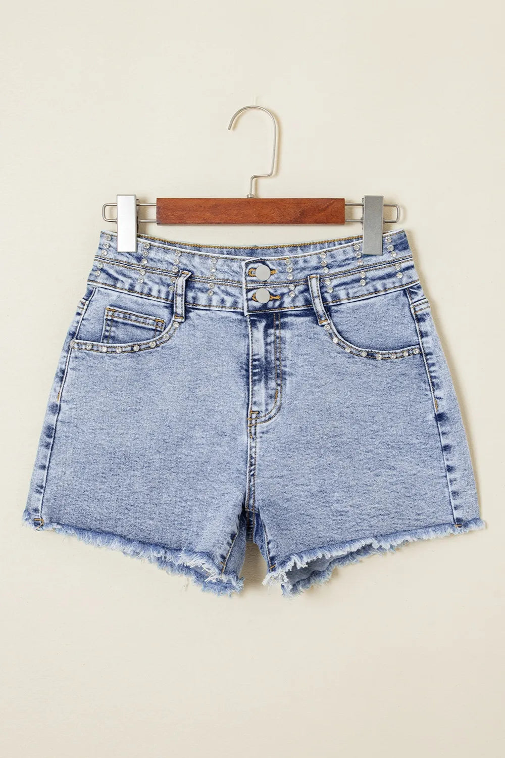 Rhinestone Light Wash Raw Hem High Waist Denim Shorts - Jeans Junction Online