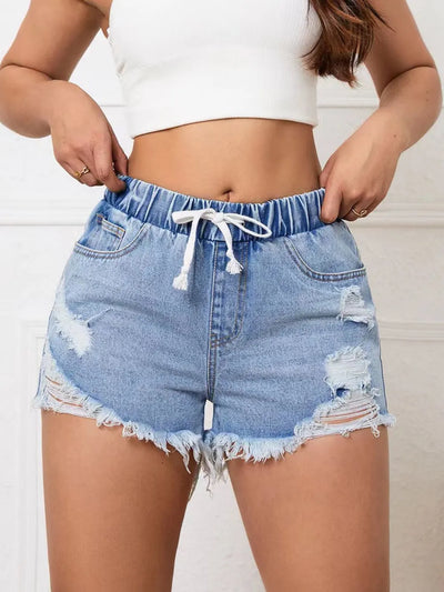 Distressed Drawstring Raw Hem Denim Shorts - Jeans Junction Online