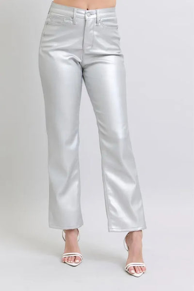 Judy Blue Full Size High Waist Silver Faux Leather Pants Plus Size - Jeans Junction Online