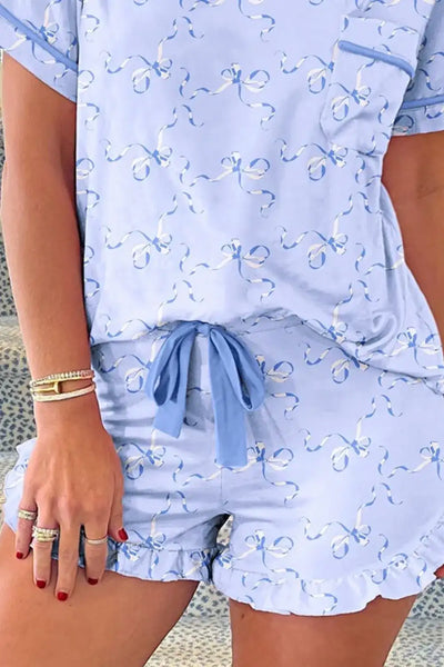 Bow Print Short Sleeve Top and Shorts Pajama Set - Jeans Junction Online