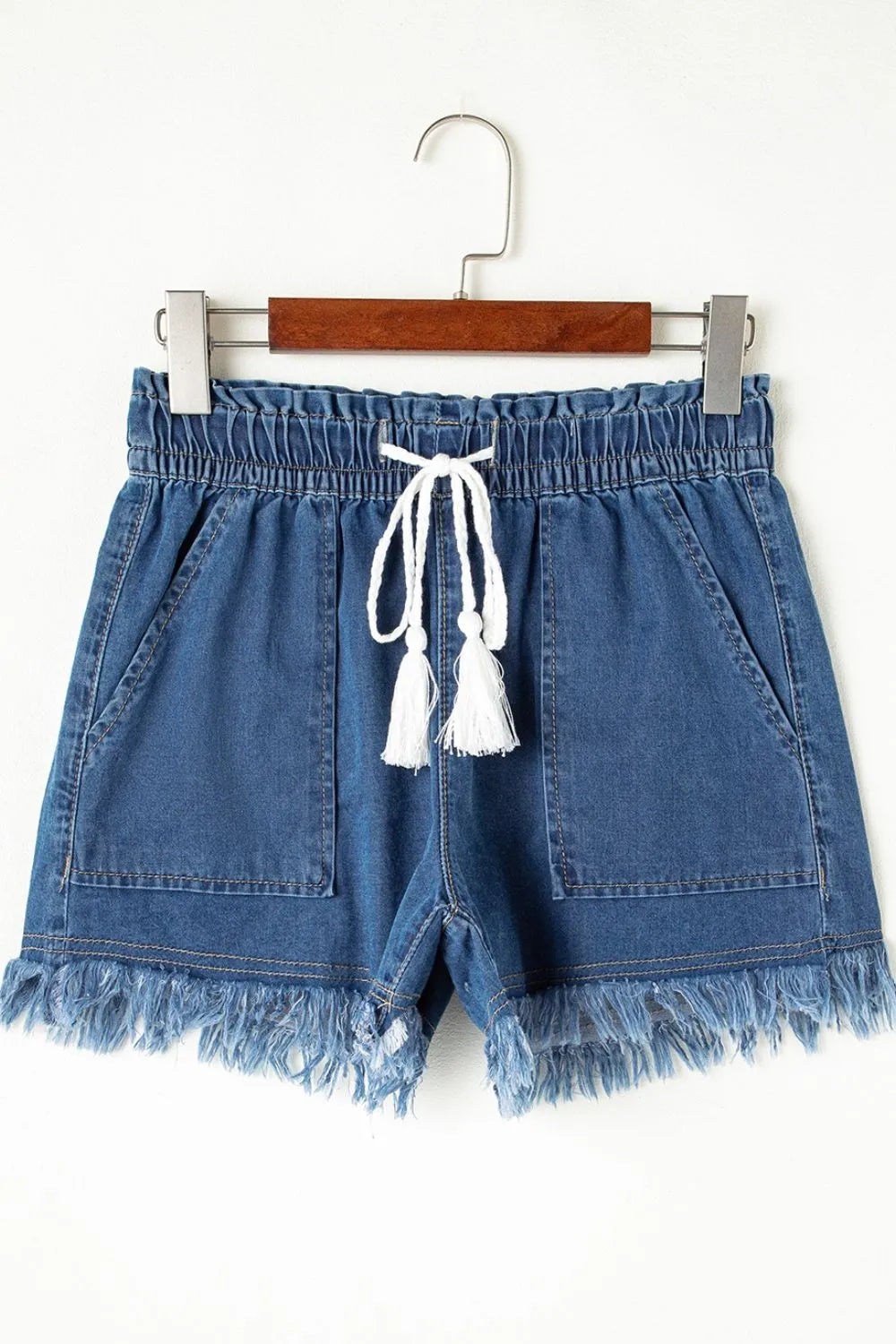Raw Hem Drawstring High Waist Denim Shorts with Pockets - Jeans Junction Online