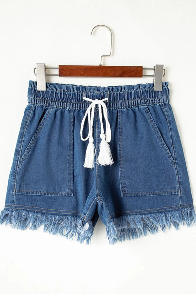 Raw Hem Drawstring High Waist Denim Shorts with Pockets - Jeans Junction Online