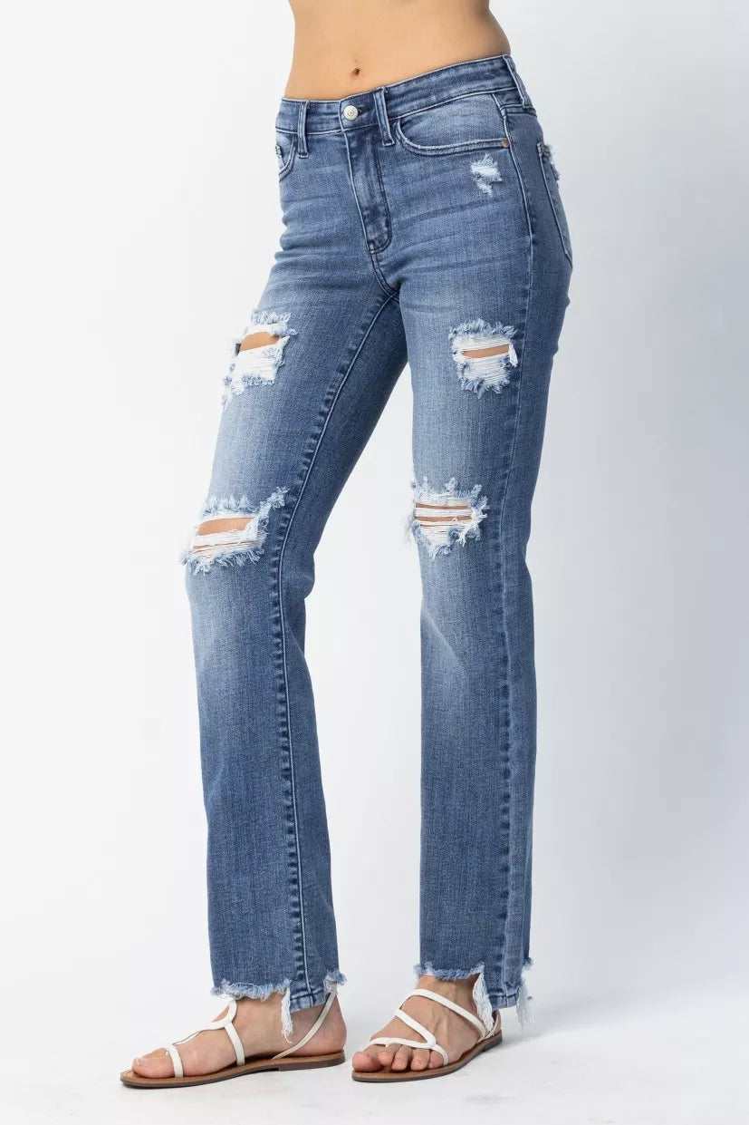 Judy Blue Full Size Mid Rise Destroy Straight Jeans Plus Size - Jeans Junction Online