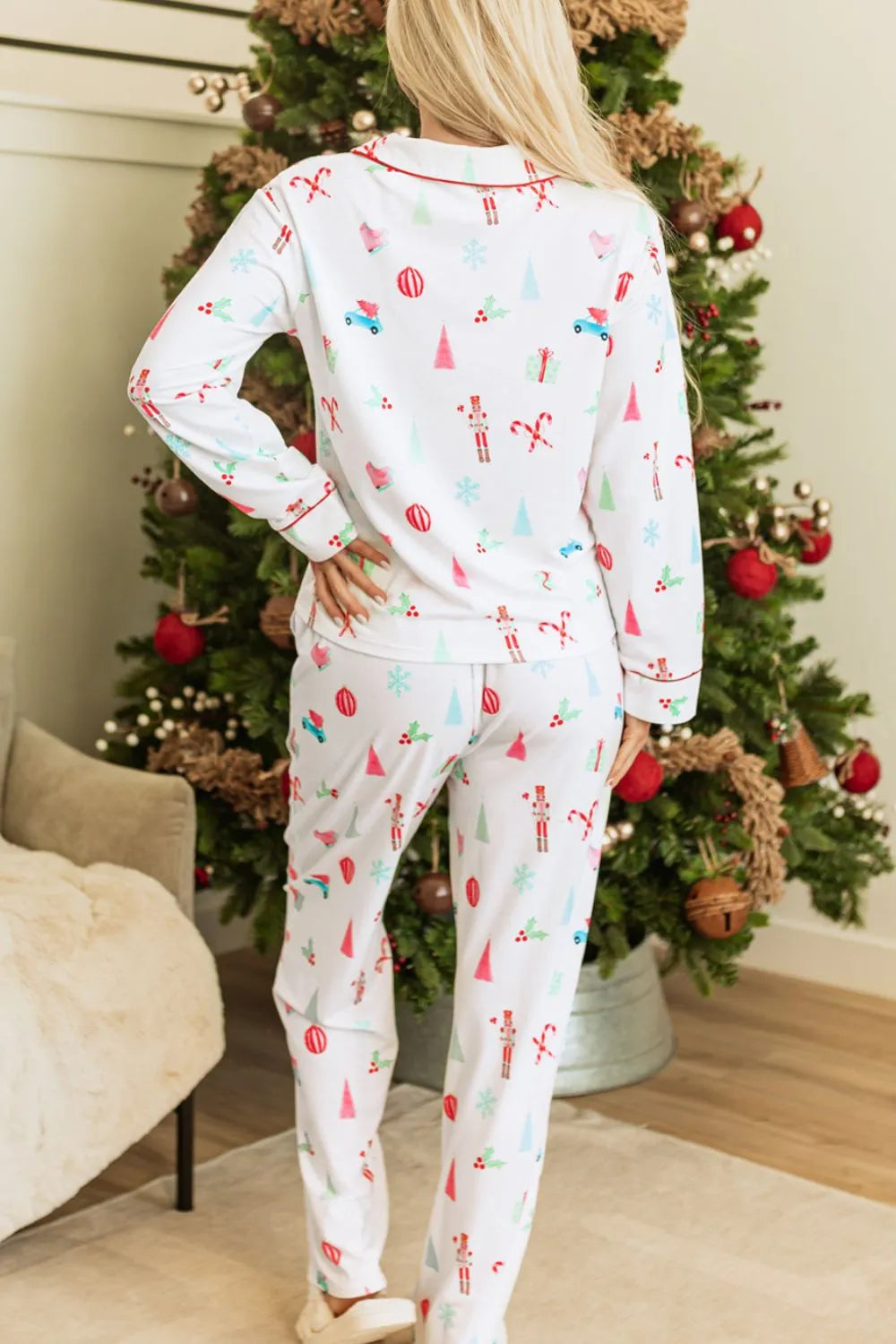 Christmas Printed Collared Neck Top and Pants Lounge Set - Jeans Junction Online
