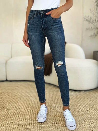 Judy Blue Full Size Mid Waist Distressed Slim Jeans - Jeans Junction Online