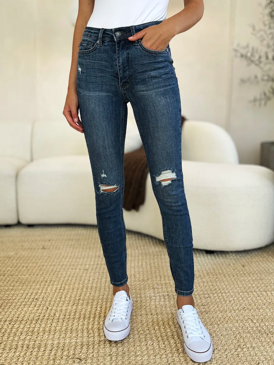 Judy Blue Full Size Mid Waist Distressed Slim Jeans - Jeans Junction Online 