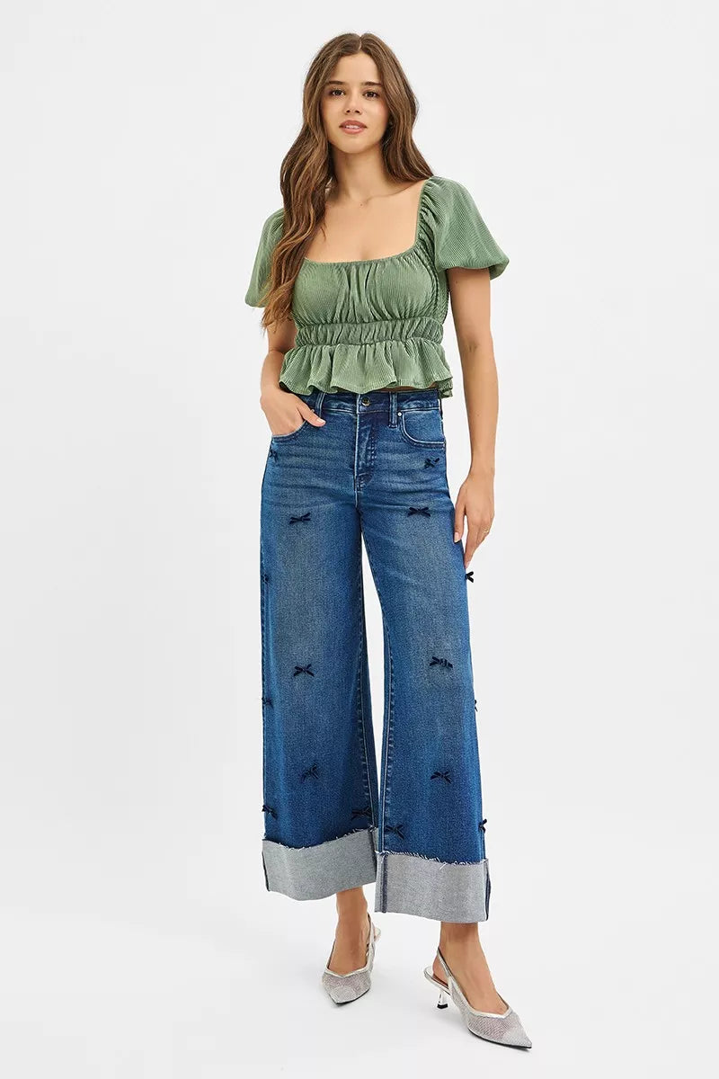 RISEN High Rise Crop Wide Leg Ribbon Detail Jeans - Jeans Junction Online