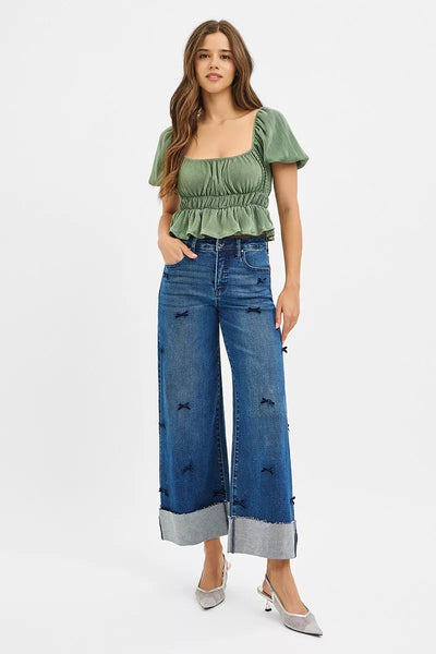 RISEN High Rise Crop Wide Leg Ribbon Detail Jeans - Jeans Junction Online