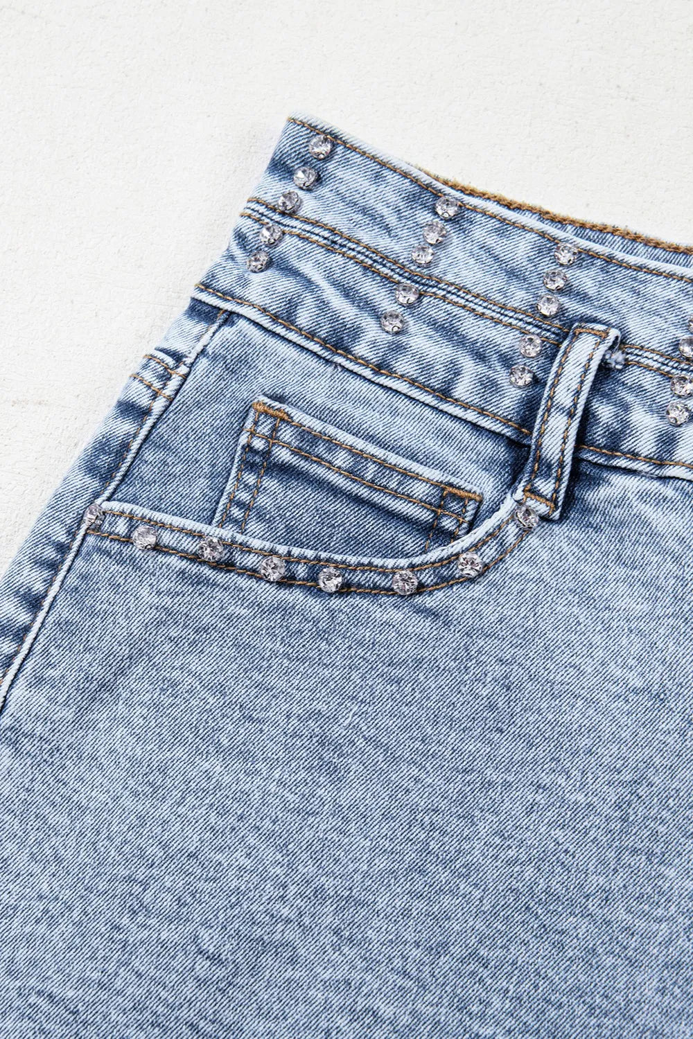 Rhinestone Light Wash Raw Hem High Waist Denim Shorts - Jeans Junction Online