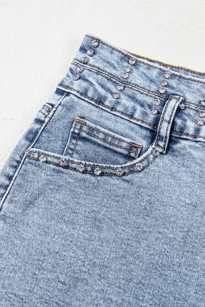 Rhinestone Light Wash Raw Hem High Waist Denim Shorts - Jeans Junction Online