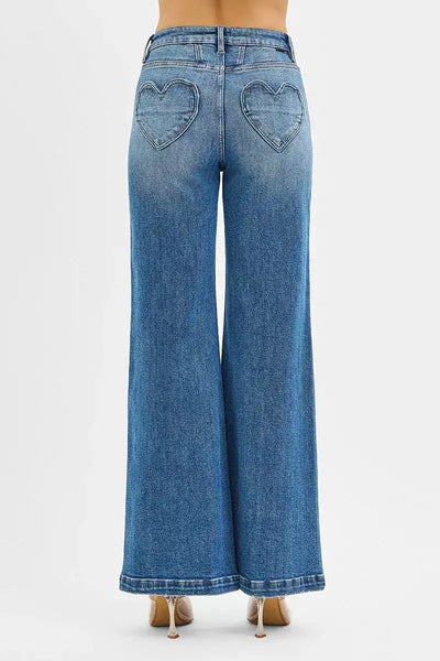RISEN High Rise Wide Leg Jenas with Front Yoke and Heart Back Pocket - Jeans Junction Online