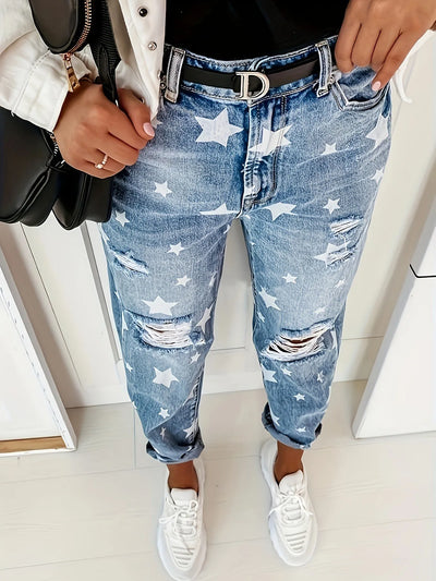 Star Print Distressed High Waist Boyfriend Jeans - Jeans Junction Online