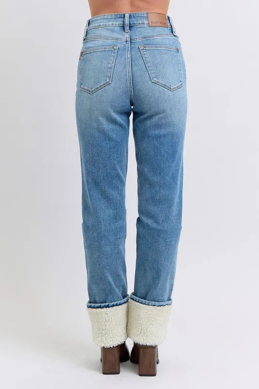 Judy Blue Full Size High Waist Shearling Cuff Straight Plus Size - Jeans Junction Online