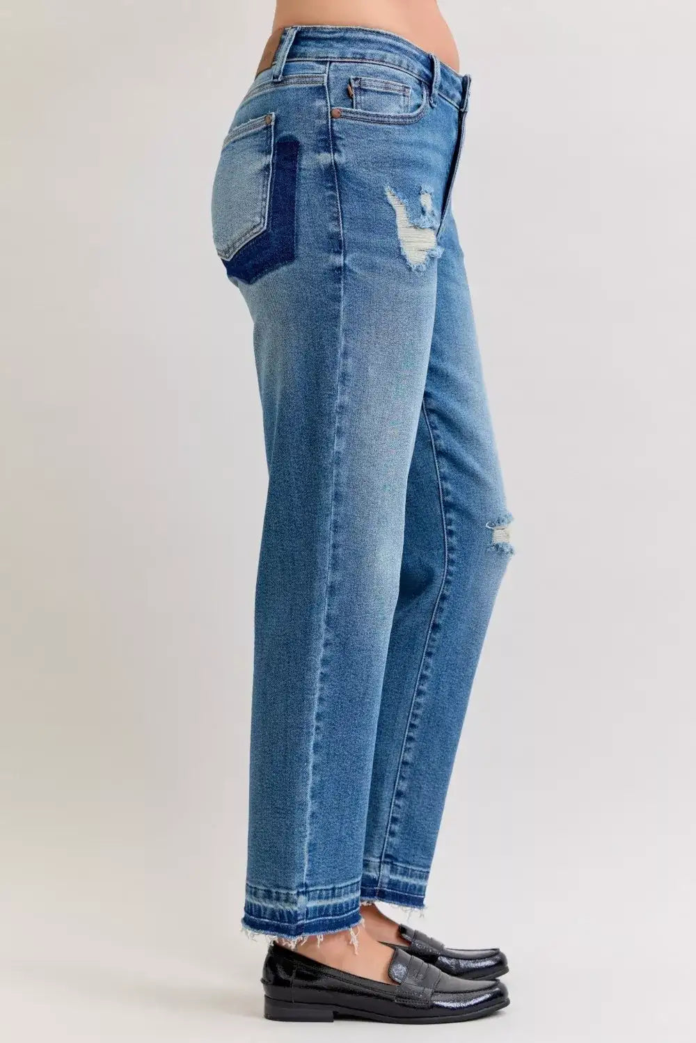 Judy Blue Full Size Mid Rise Bf Patch & Repair Destroy Release Hem Jeans Plus Size - Jeans Junction Online