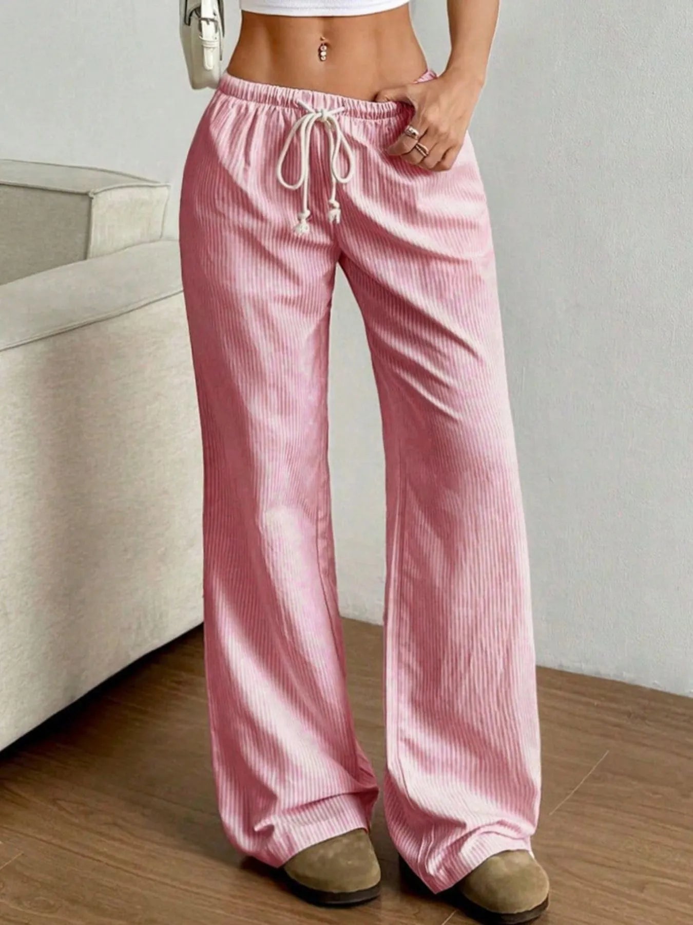 Drawstring Striped Wide Leg Pants - Jeans Junction Online
