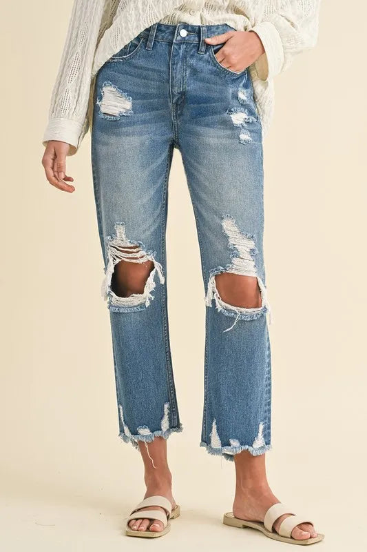 Annie Wear Distressed Raw Hem Cropped Jeans - Jeans Junction Online