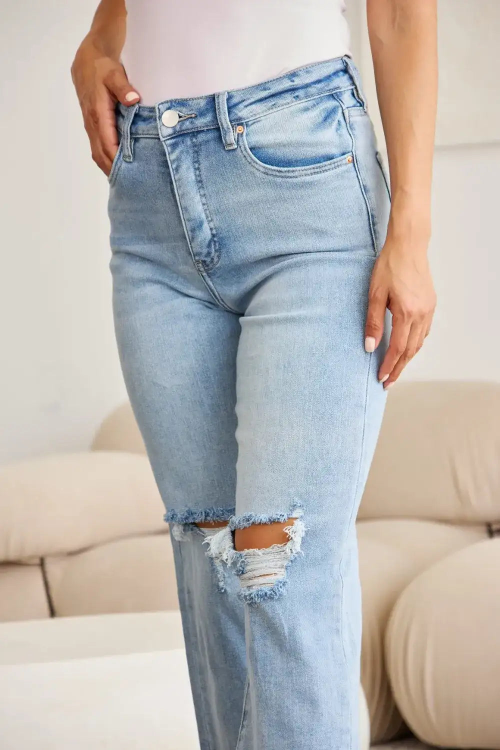 RFM Full Size Tummy Control High Waist Raw Hem Distressed Jeans - Jeans Junction Online