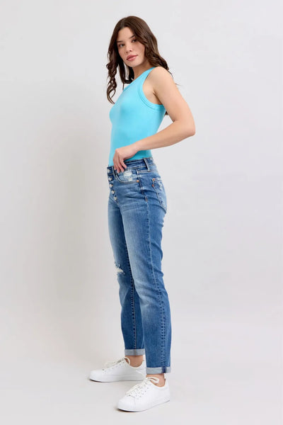 Judy Blue Full Size Button Fly Distressed Jeans with Pockets Plus Size - Jeans Junction Online