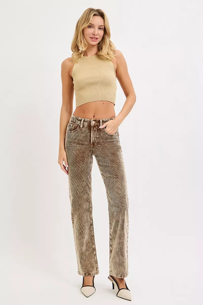 RISEN Tummy Control Mid Rise Straight Leg Corduroy Pants - Jeans Junction Online