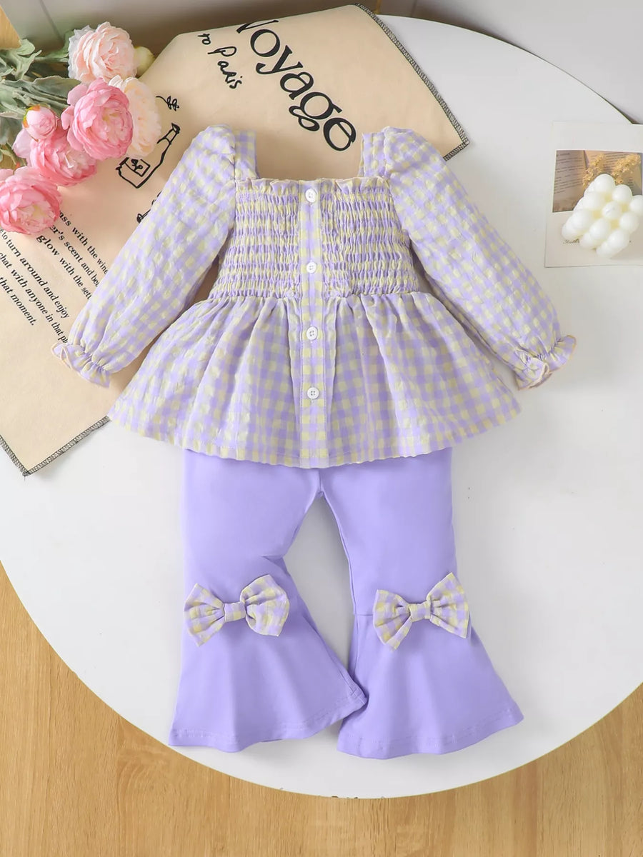 Children's Gingham Smocked Top and Bow Pants Set - Jeans Junction Online 