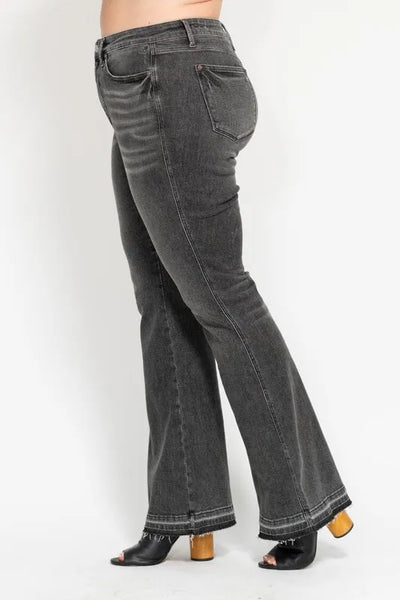 Judy Blue Full Size Mid Rise Tummy Control Washed Gray Release Hem Flare Jeans Plus Size - Jeans Junction Online