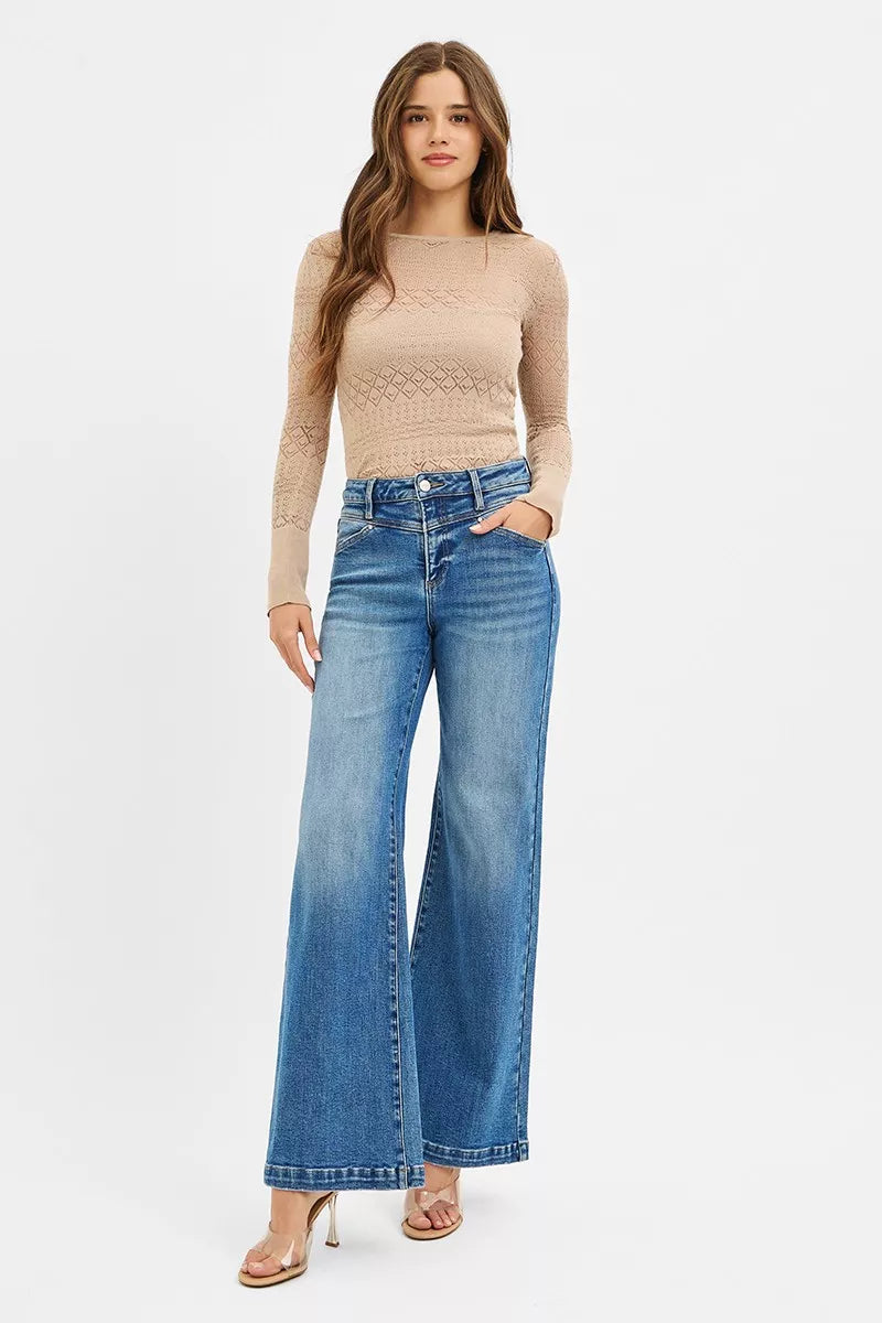 RISEN High Rise Wide Leg Jenas with Front Yoke and Heart Back Pocket - Jeans Junction Online