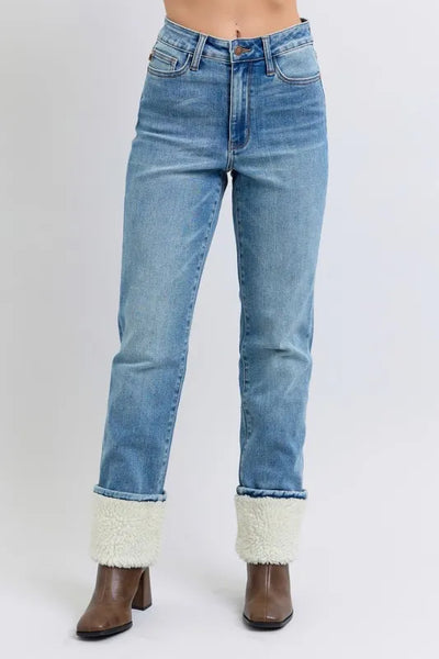Judy Blue Full Size High Waist Shearling Cuff Straight Plus Size - Jeans Junction Online