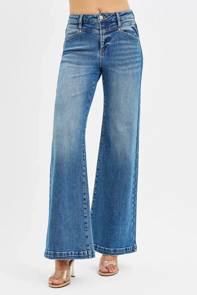 RISEN High Rise Wide Leg Jenas with Front Yoke and Heart Back Pocket - Jeans Junction Online