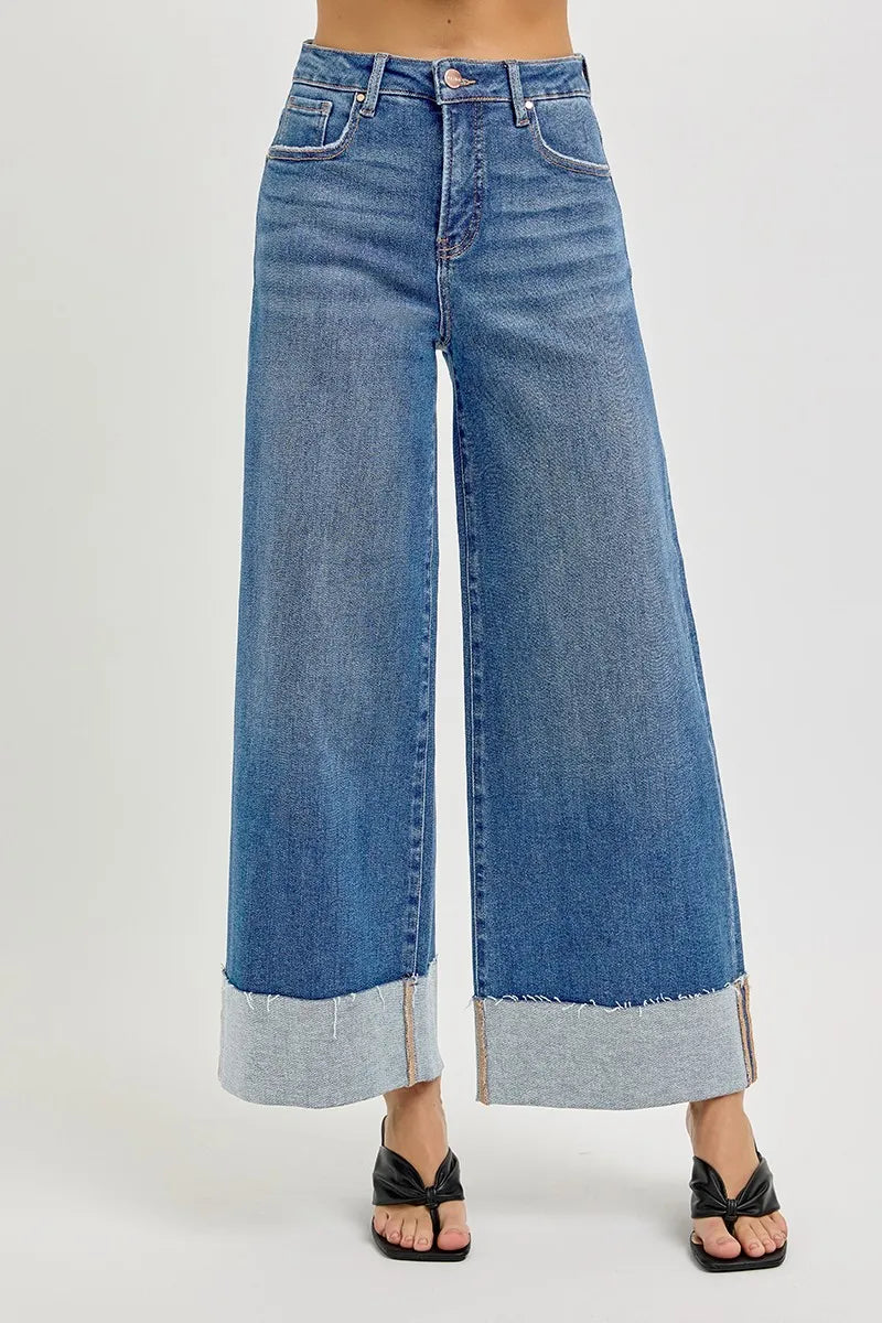 RISEN Full Size Tummy Control High Rise Crop Wide Cuffed Jeans Plus Size - Jeans Junction Online