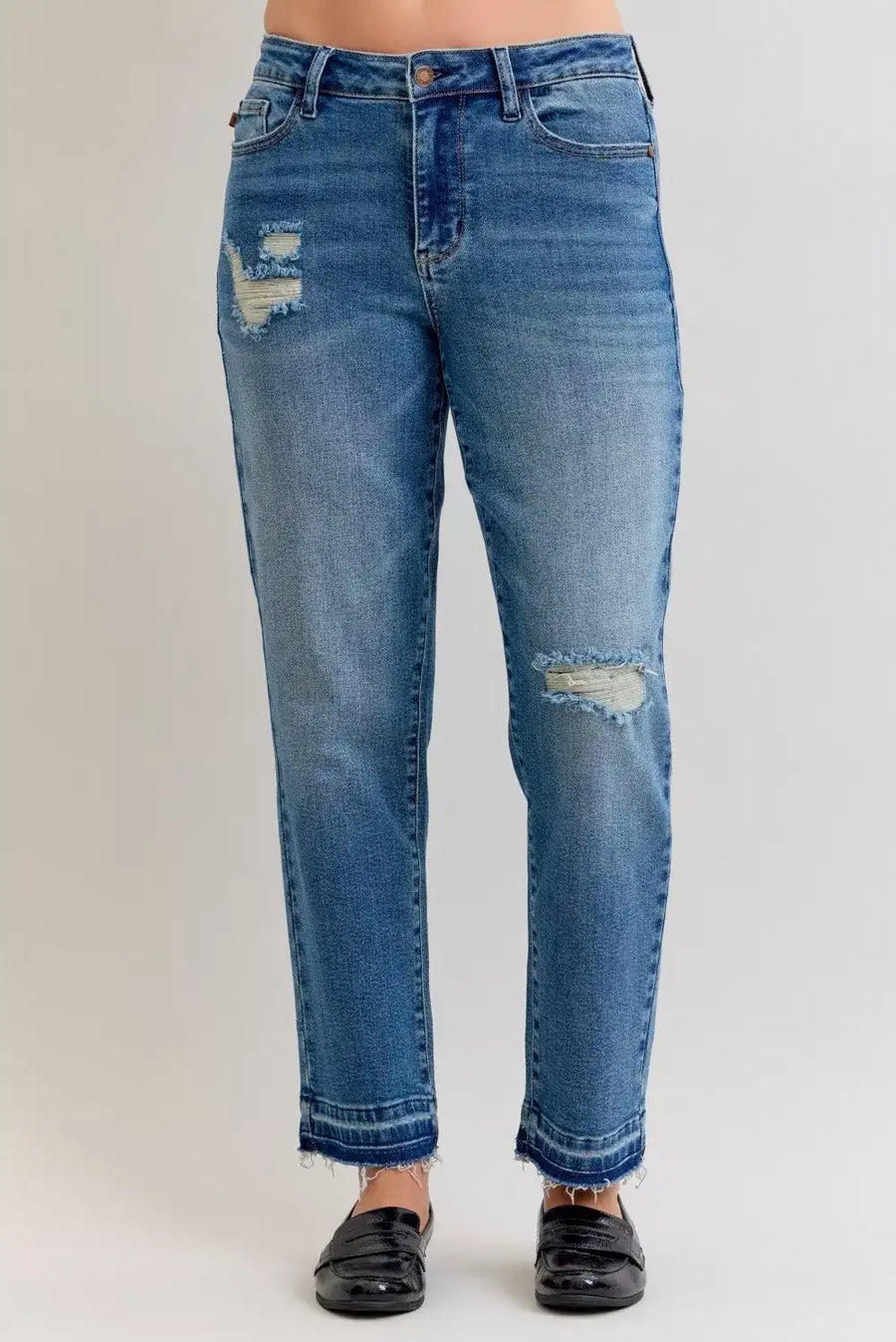 Judy Blue Full Size Mid Rise Bf Patch & Repair Destroy Release Hem Jeans Plus Size - Jeans Junction Online 