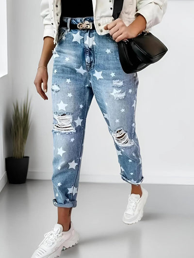Star Print Distressed High Waist Boyfriend Jeans - Jeans Junction Online