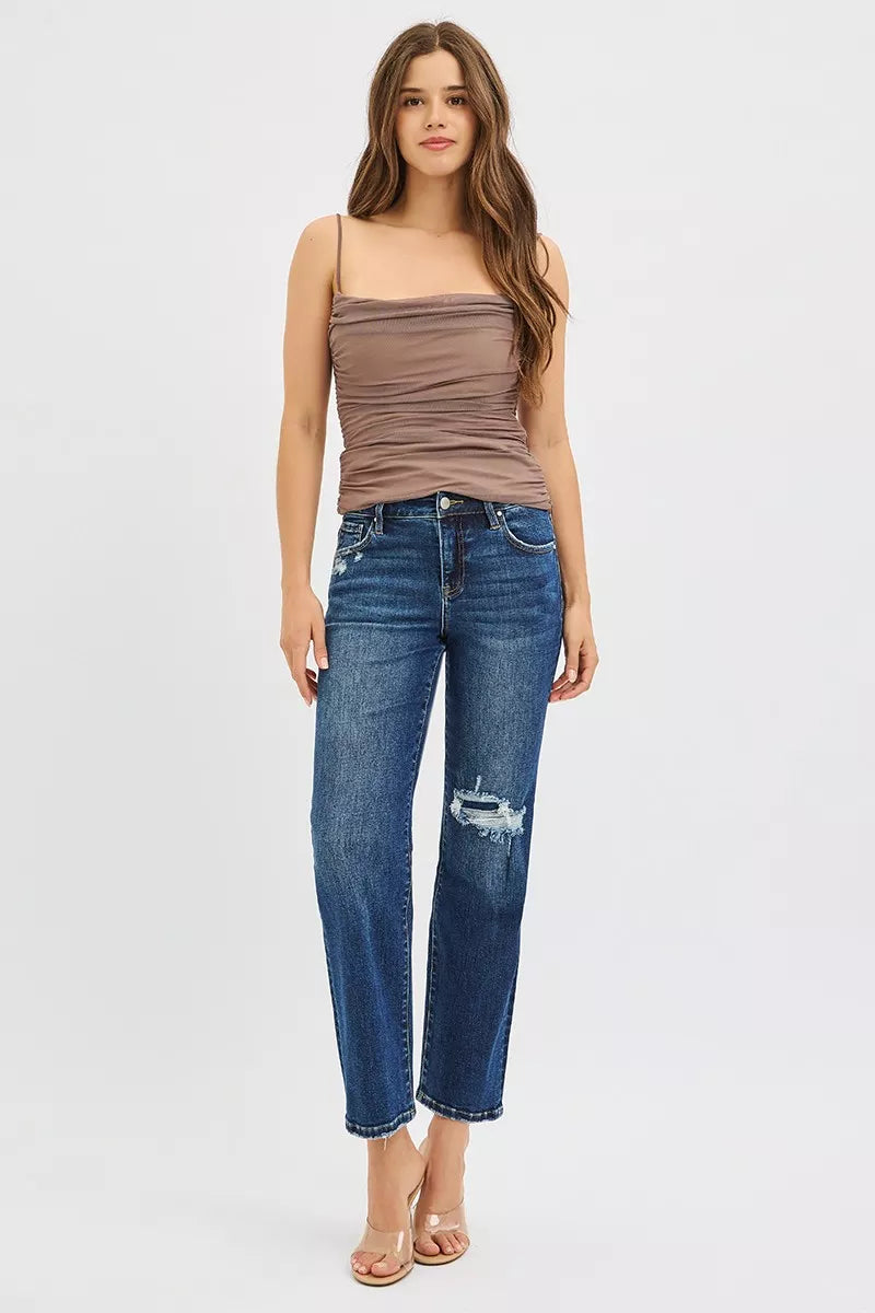 RISEN High Rise Crop Slim Straight Jenas with Hidden Knee Patch - Jeans Junction Online