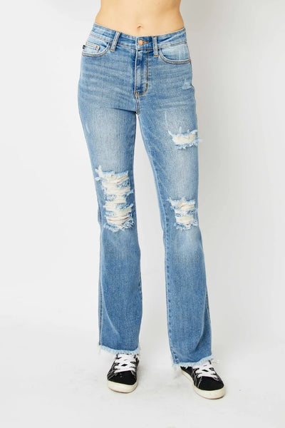 Judy Blue Full Size Distressed Raw Hem Bootcut Jeans - Jeans Junction Online