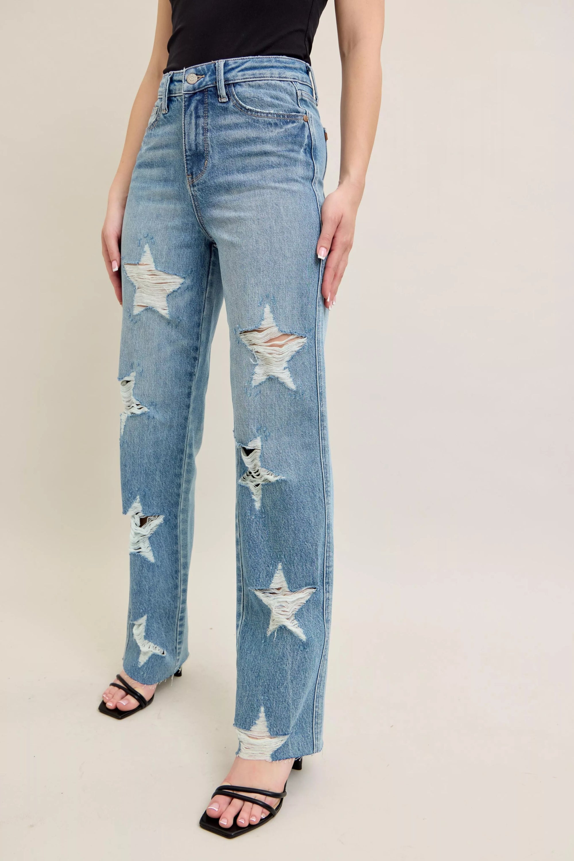 Judy Blue Full Size High Waist Rigid Magic Star Shaped Destroy 90's Straight Jeans Plus Size - Jeans Junction Online