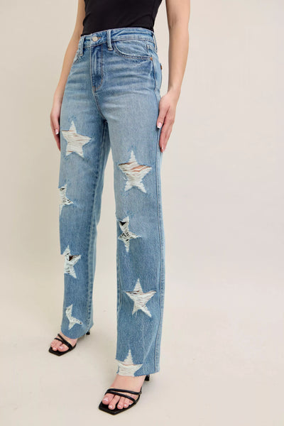Judy Blue Full Size High Waist Rigid Magic Star Shaped Destroy 90's Straight Jeans Plus Size - Jeans Junction Online