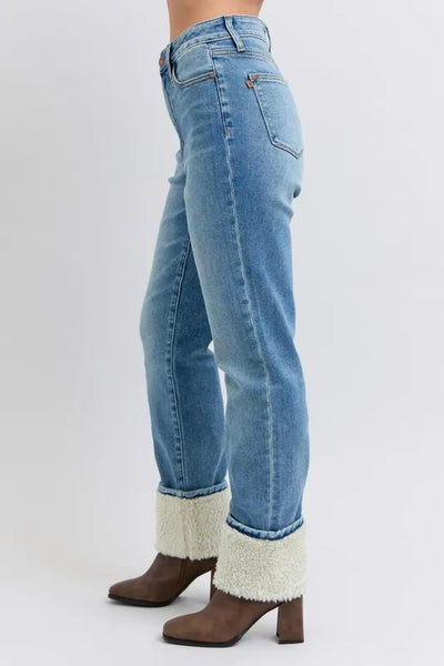 Judy Blue Full Size High Waist Shearling Cuff Straight Plus Size - Jeans Junction Online