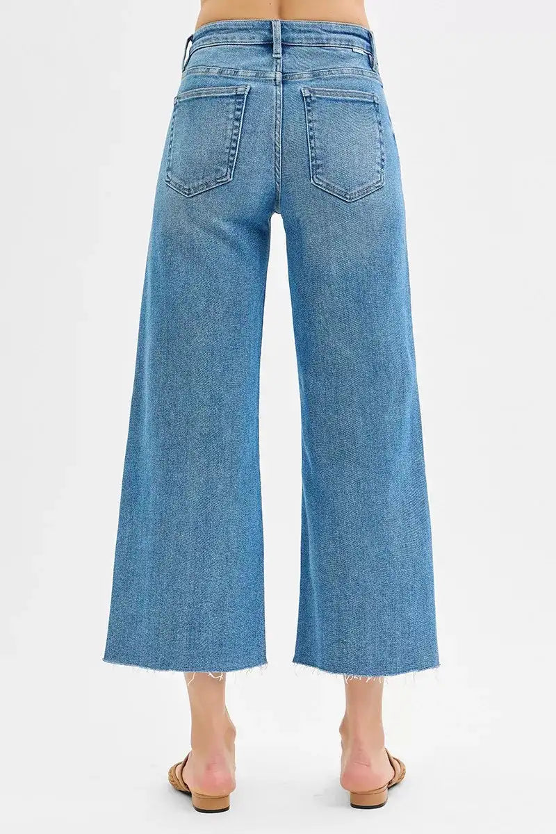 RISEN Tummy Control Mid Rise Crop Wide Front Slit Jeans - Jeans Junction Online