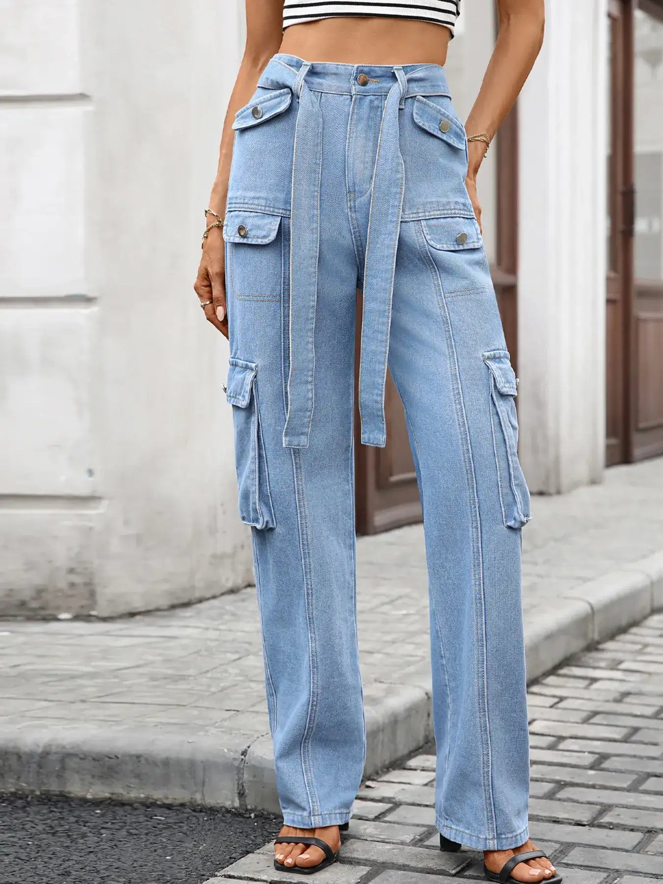 High-Waisted Multi-Pocket Cargo Jeans - Jeans Junction Online