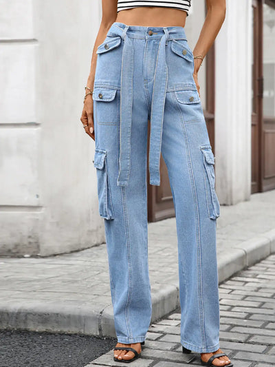 High-Waisted Multi-Pocket Cargo Jeans - Jeans Junction Online