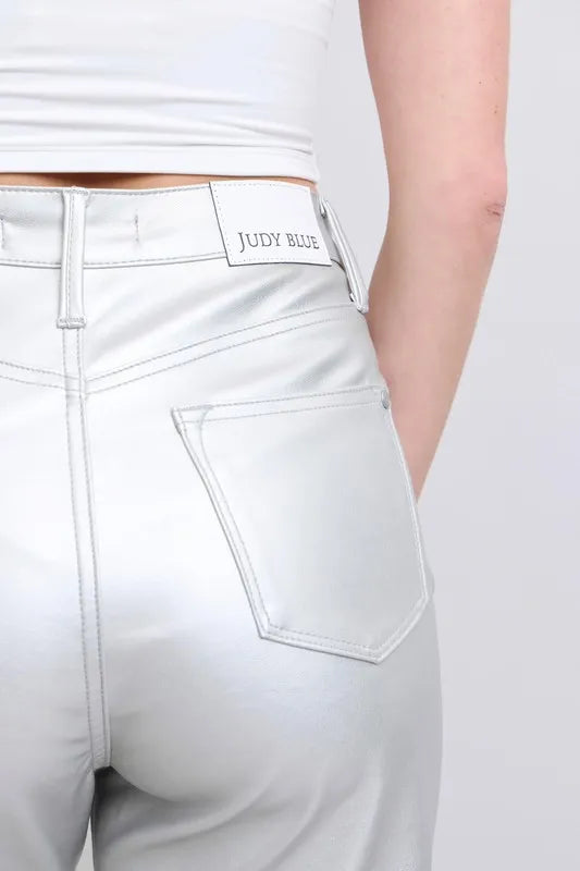 Judy Blue Full Size High Waist Silver Faux Leather Pants Plus Size - Jeans Junction Online