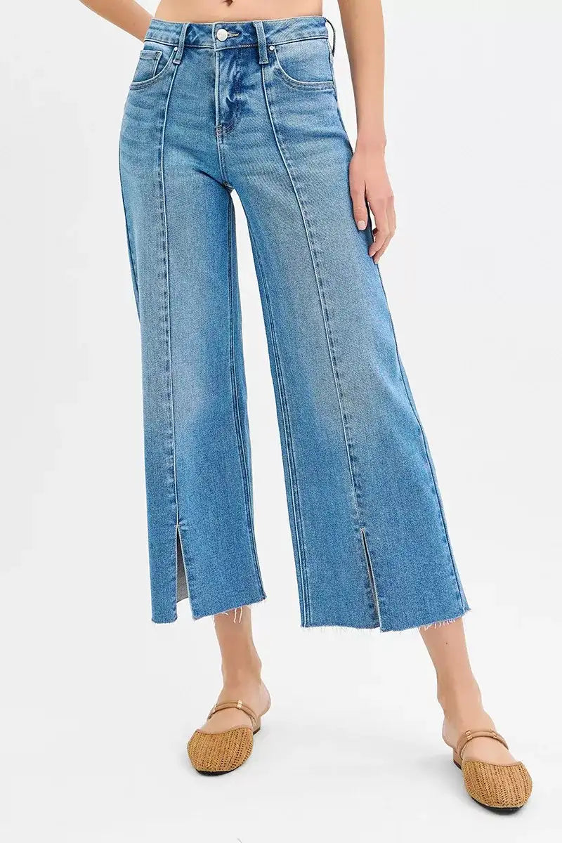 RISEN Tummy Control Mid Rise Crop Wide Front Slit Jeans - Jeans Junction Online