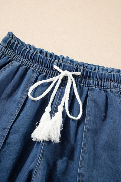 Raw Hem Drawstring High Waist Denim Shorts with Pockets - Jeans Junction Online
