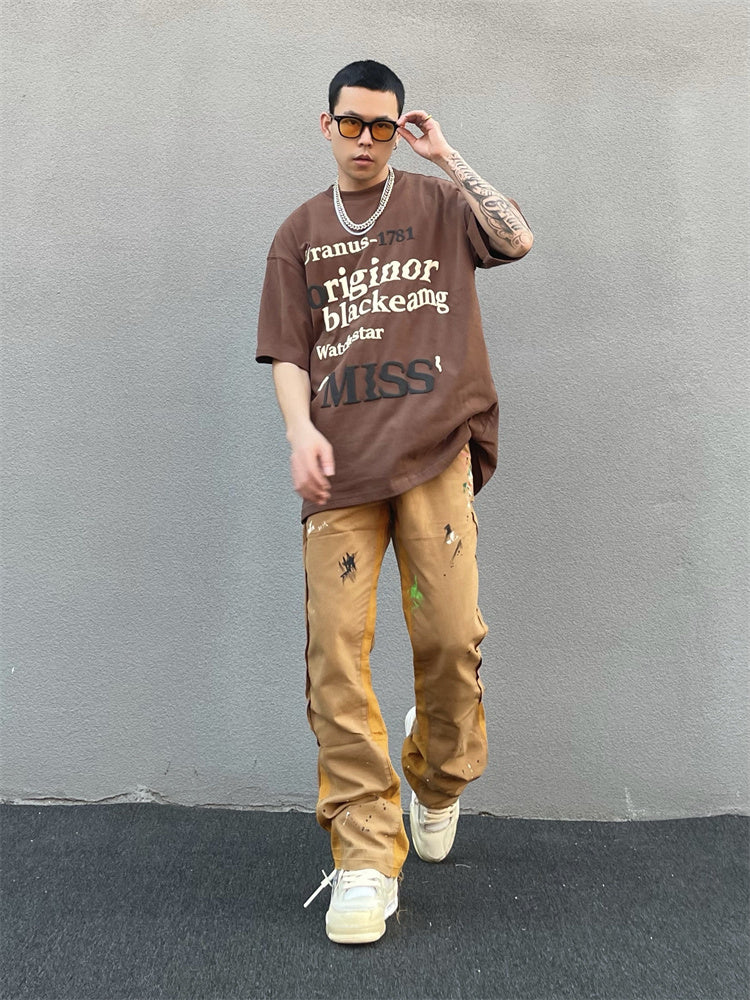 Khaki Men's Vibe Style Splattered Ink Graffiti Micro Flared Pants - Jeans Junction Online