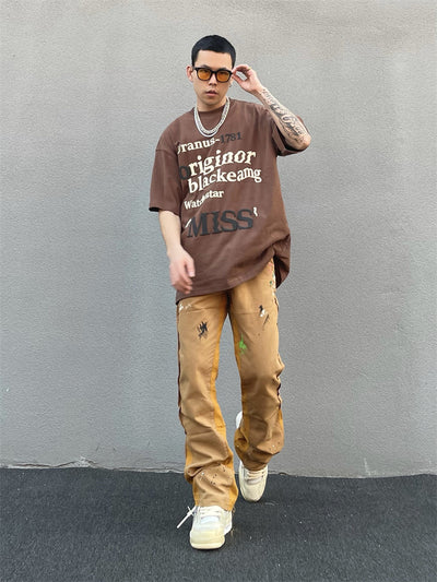 Khaki Men's Vibe Style Splattered Ink Graffiti Micro Flared Pants - Jeans Junction Online